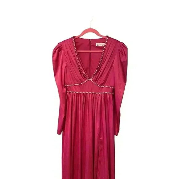 NEW Mac Duggal Magenta Crystal Satin Empire Waist Long Sleeve Gown Size 4 - Picture 7 of 11